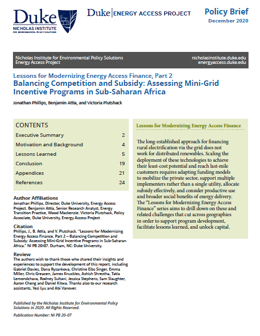Lessons for Modernizing Energy Access Finance, Part 2 – Balancing Competition and Subsidy: Assessing Mini-Grid Incentive Programs in Sub-Saharan Africa Cover