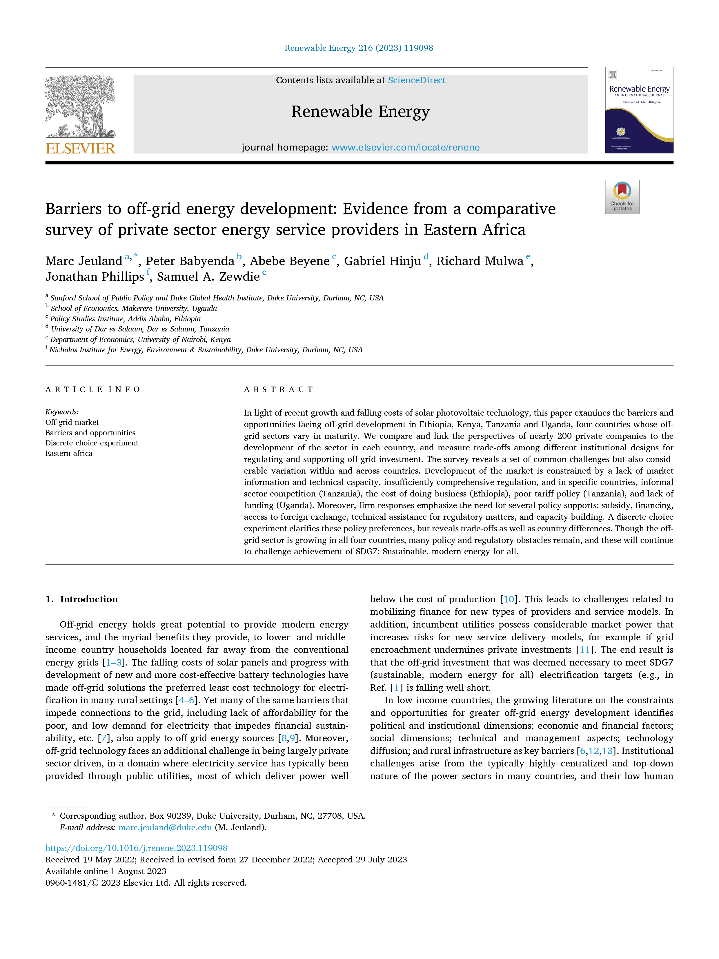 Barriers to Off-Grid Energy Development: Evidence from a Comparative Survey of Private Sector Energy Service Providers in Eastern Africa cover
